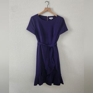 Calvin Klein Women’s 10 Purple Tie Wrap Ruffle Skirt Fit and Flare Career Dress